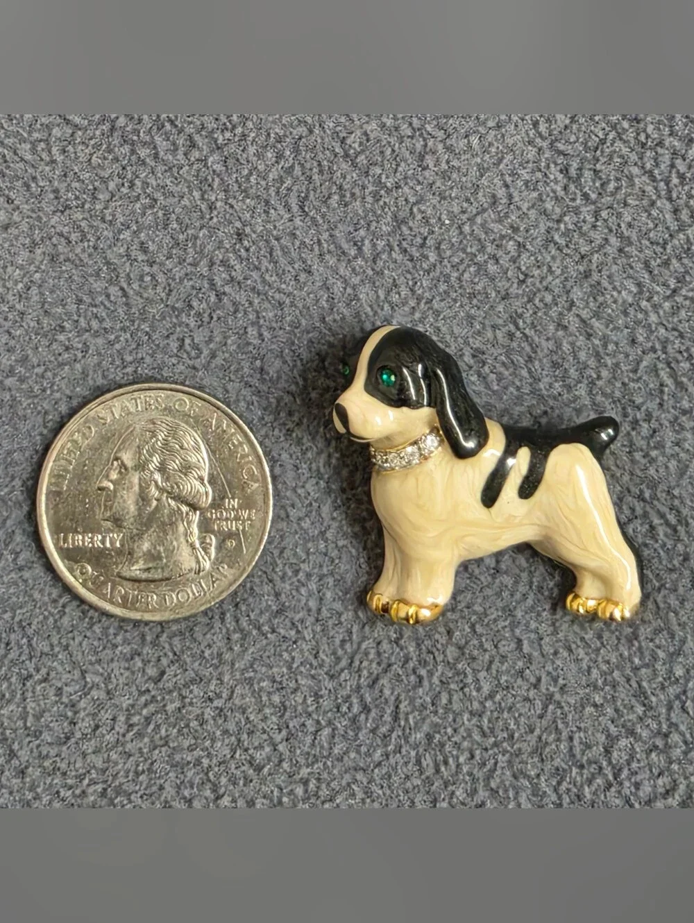 Black White Hound Dog Brooch Green Rhinestone Eyes Collar Gold Tone Pin New